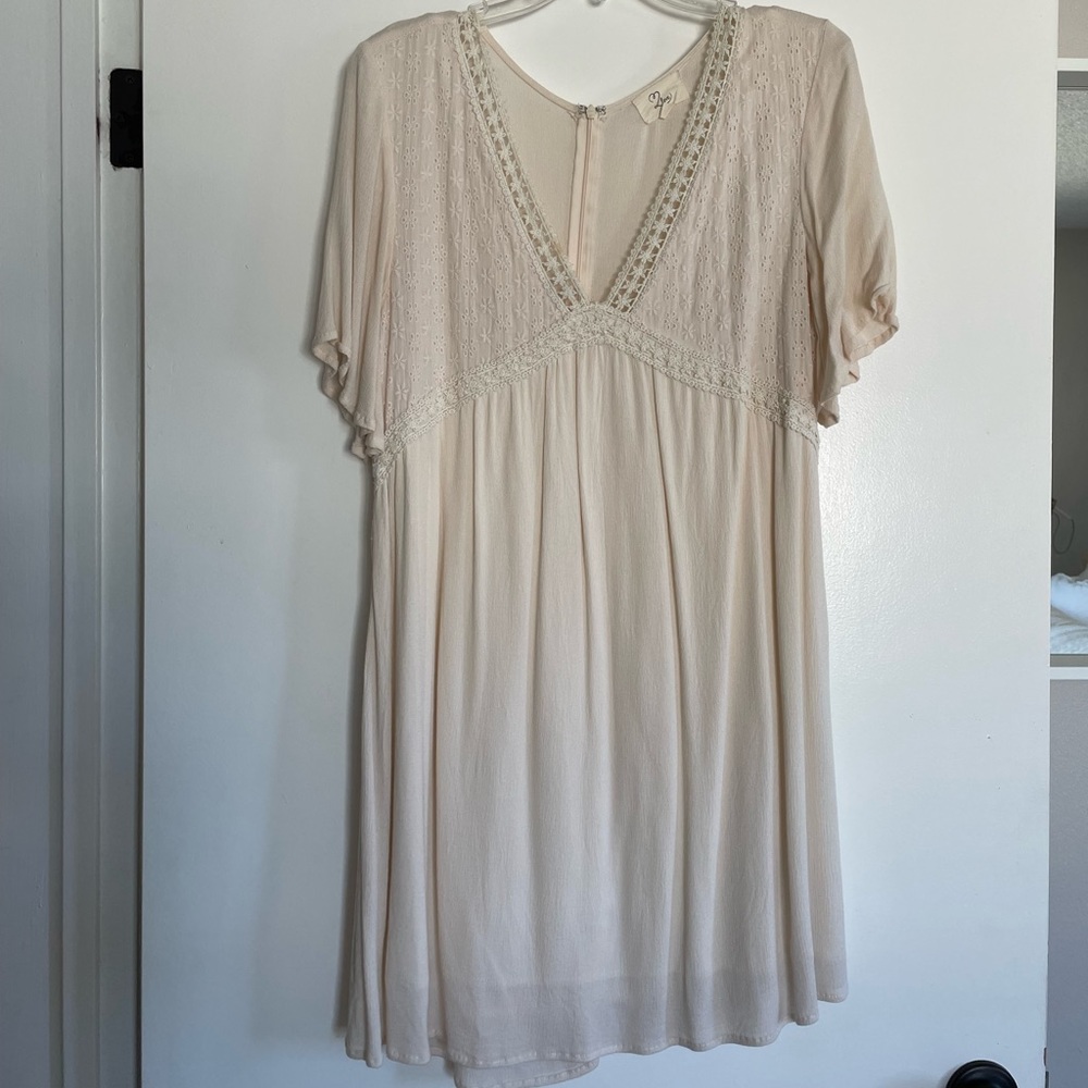 Cream embroidered flutter sleeve dress